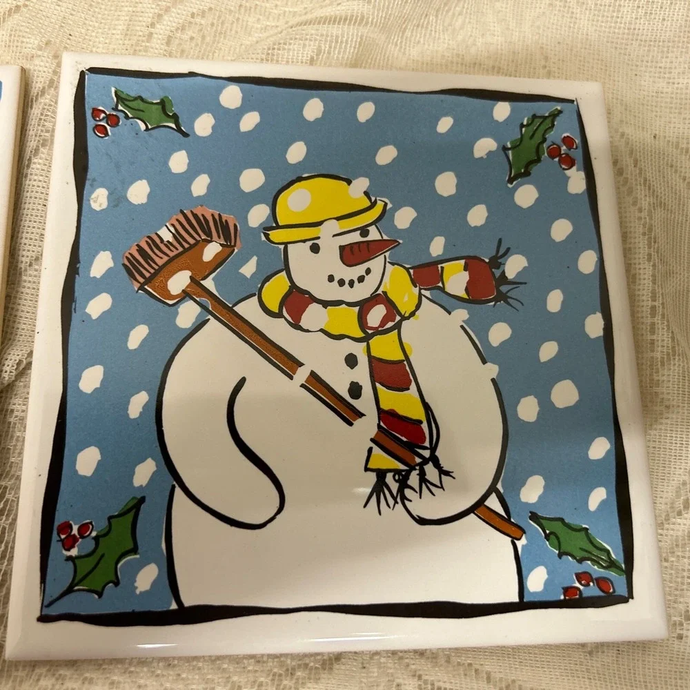 SANTA And SNOWMAN In Snow Tile Trivet Hot Pads Cork Back Portugal Lot Of 2 Chip